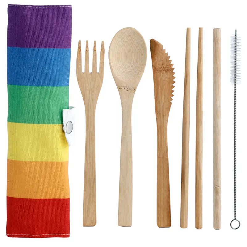 100% Natural Bamboo Cutlery 6 Piece Set - Somewhere Rainbow Stripes