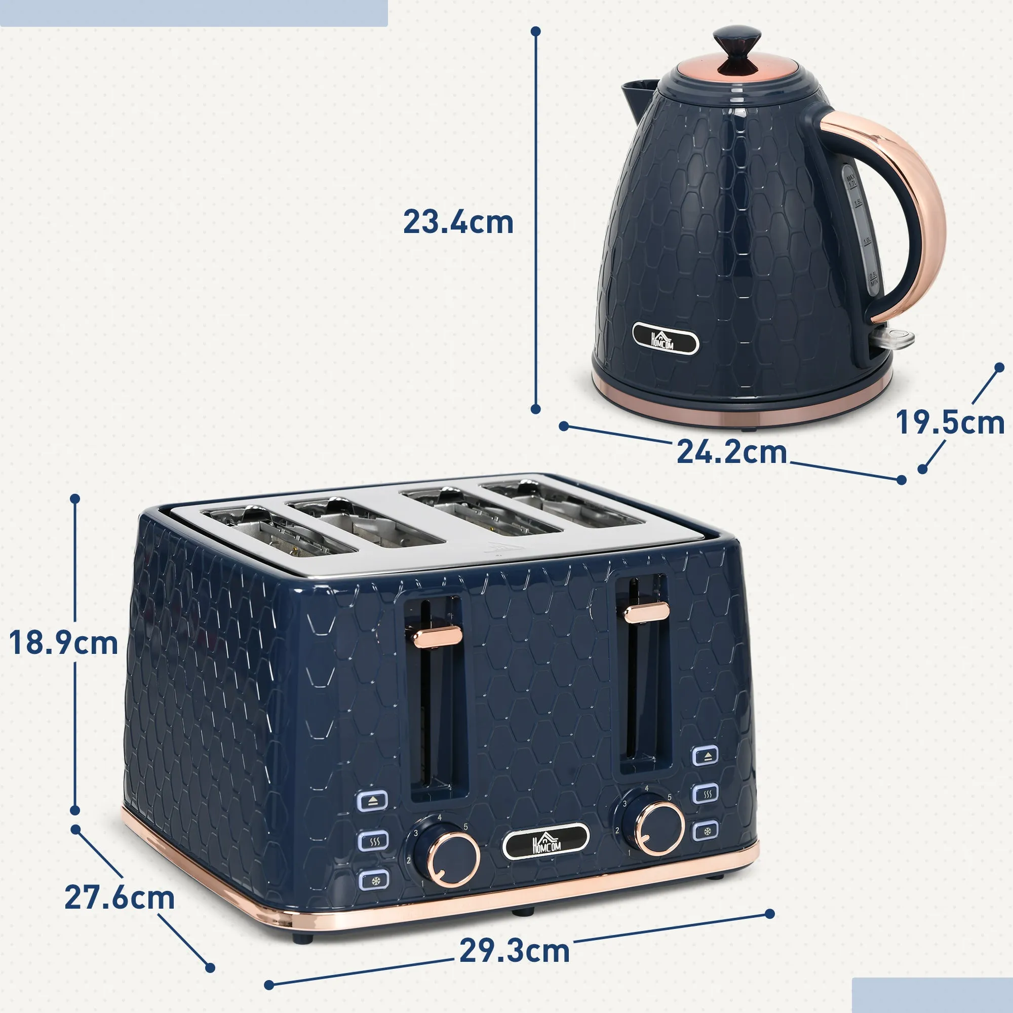 1.7L Kettle and Toaster Set with Defrost Reheat and Crumb Tray Blue