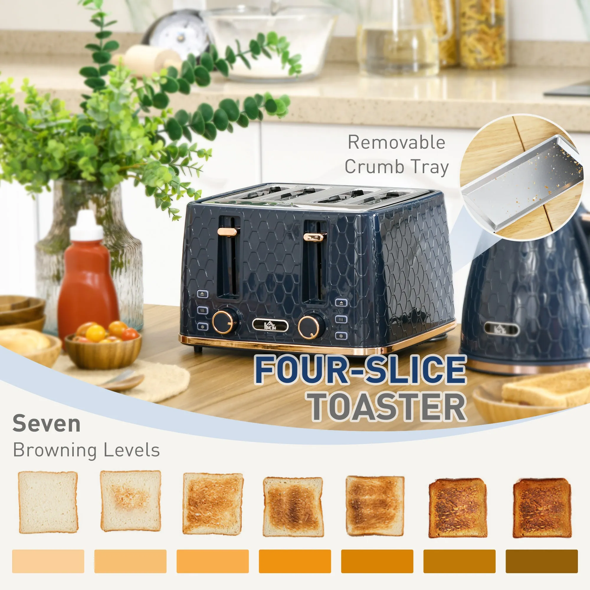 1.7L Kettle and Toaster Set with Defrost Reheat and Crumb Tray Blue