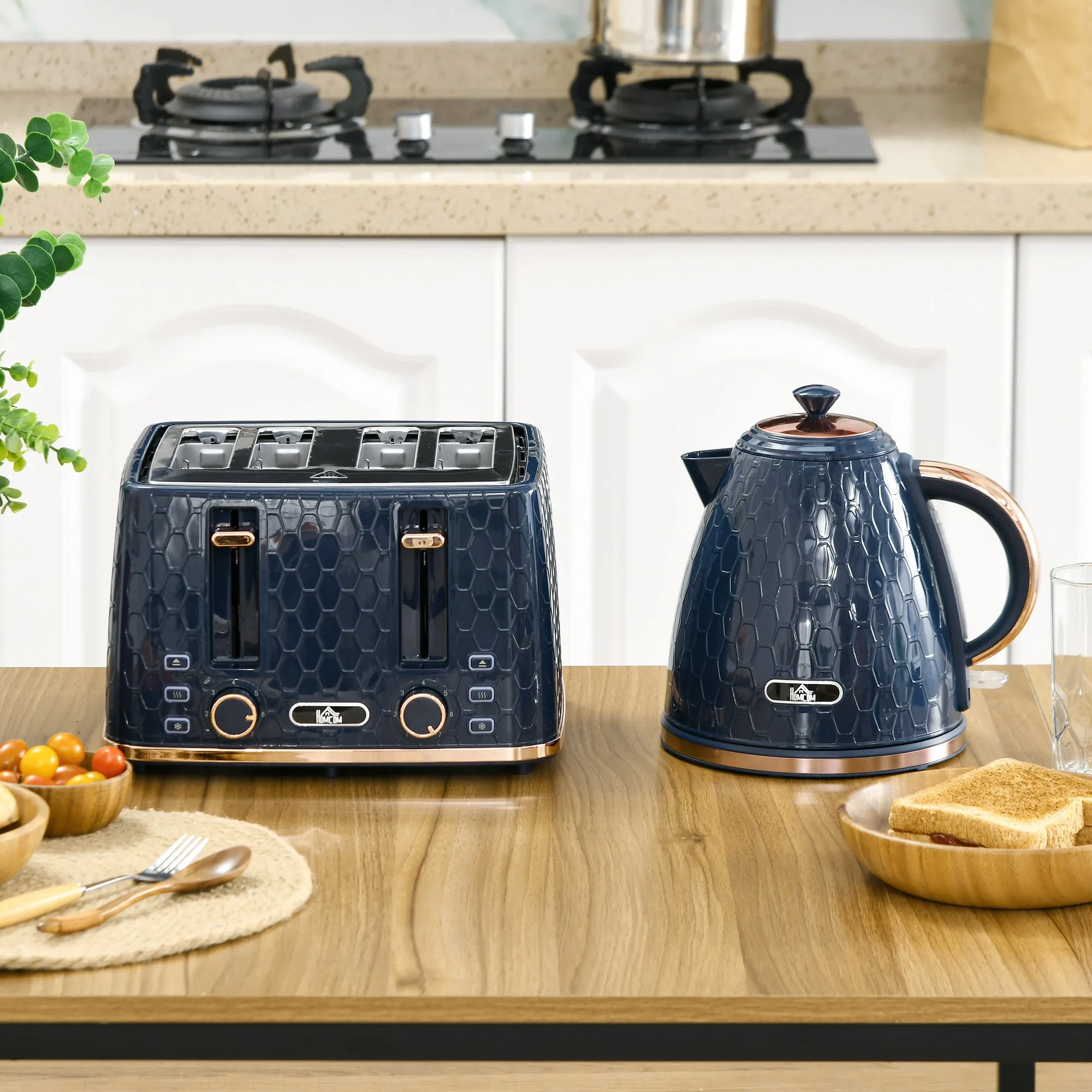 1.7L Kettle and Toaster Set with Defrost Reheat and Crumb Tray Blue