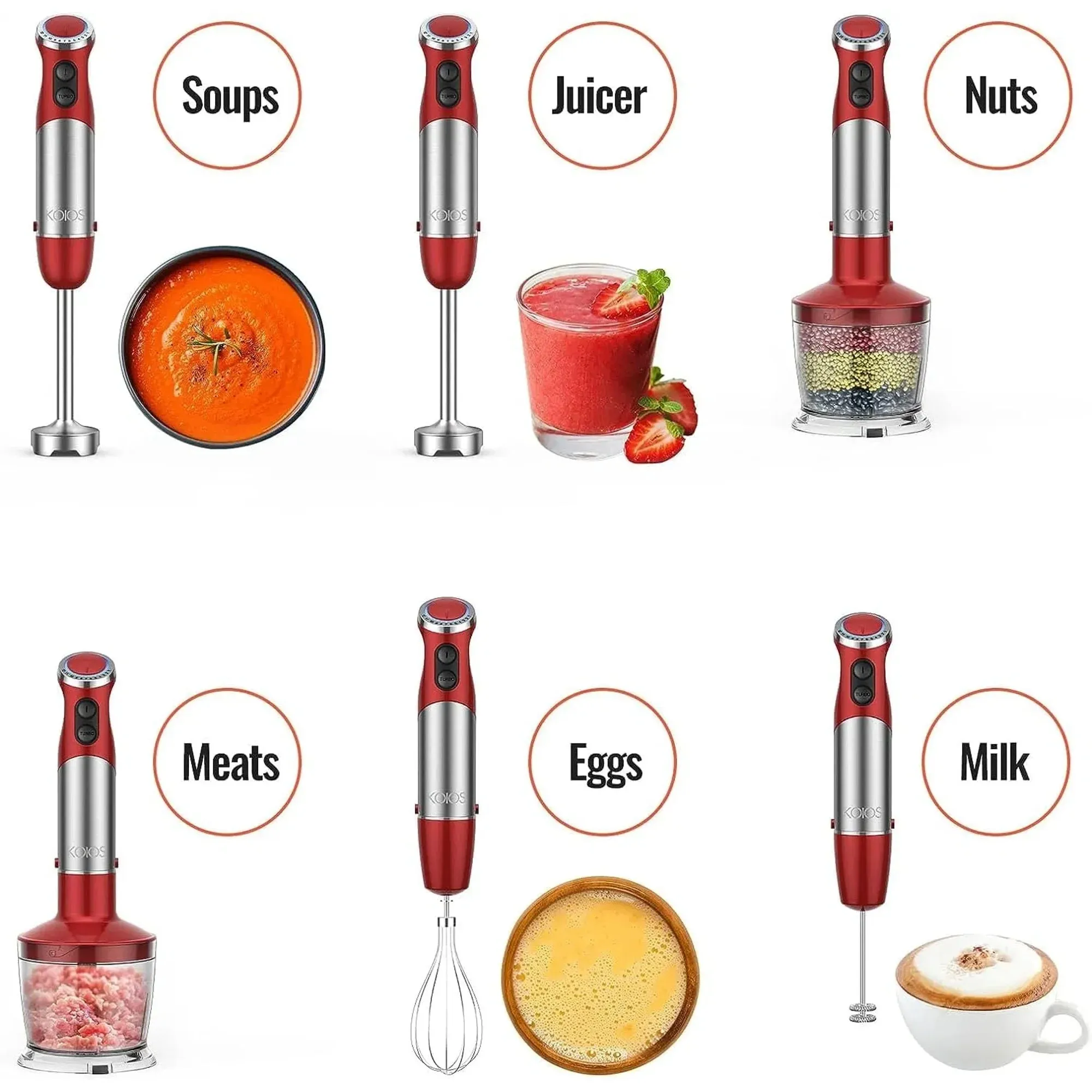 5-in-1 Hand Immersion Blender, 1000W 12 Speed Handheld Blender,Red