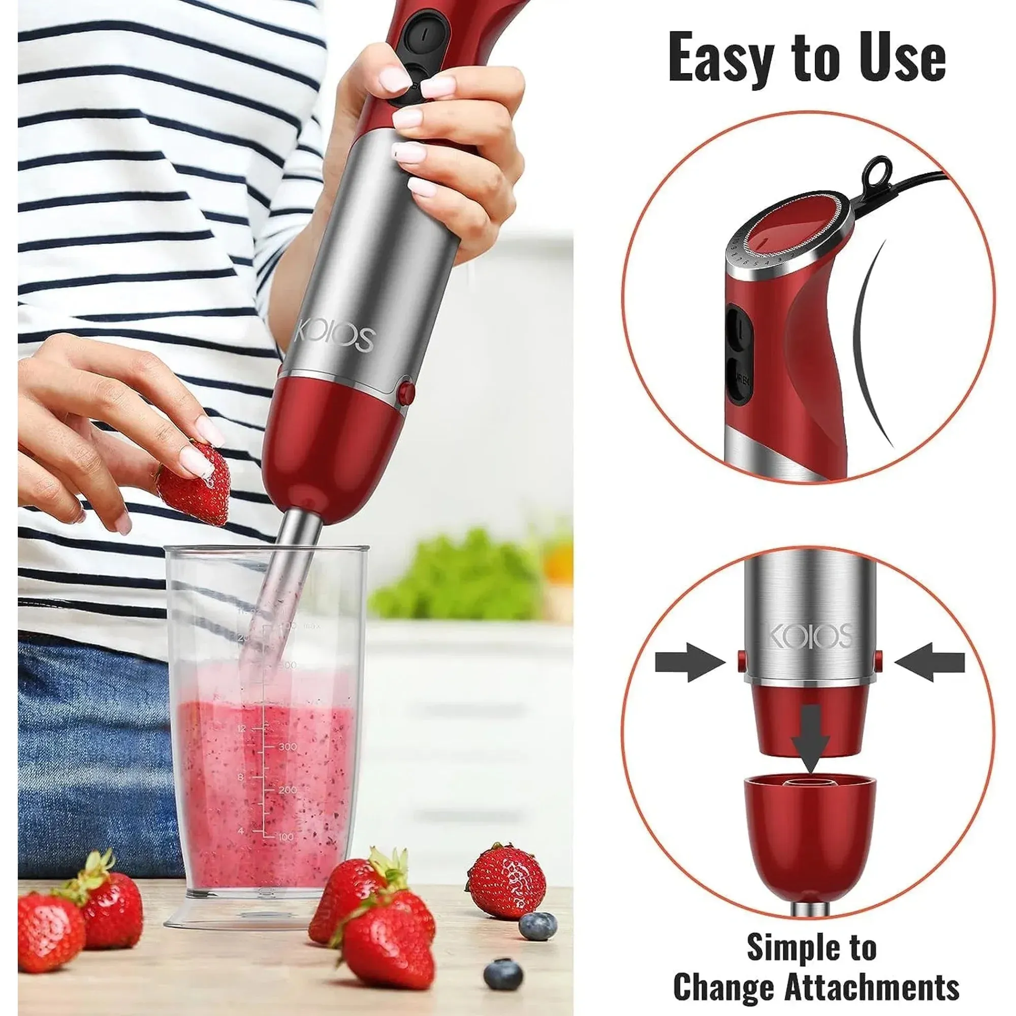 5-in-1 Hand Immersion Blender, 1000W 12 Speed Handheld Blender,Red