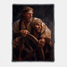 A Portrait Of Jesus Christ Behind A Sailor Woven Throw Blanket Prints - Jesus Woven Throw Blanket Art - Christian Boho Blanket Decor