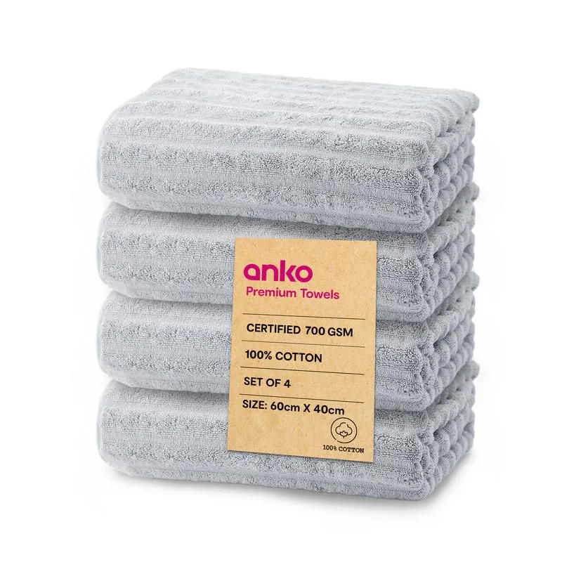 Anko Australia 100% Cotton 700 GSM Ribbed Hand Towel | Set of 4 | Super-Soft, Absorbent, Quick-Drying | Grey Towel for Men, Women & Kids | 60x40 cm |Travel, Gym, Spa Towel