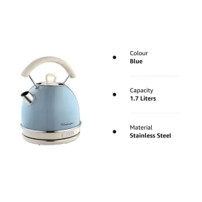 Ariete 2877 Vintage electric kettle, 2000 watt, 1.7 litres, in stainless steel painted in light blue pastel colour