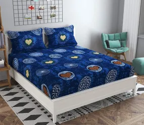 AV Trendz Elastic Fitted Queen Size Glace Cotton Double-Bed Bedsheet - 78 X 72 X 6 Inch (Blue Heart) with 2 Pillow Covers for 4-5 inches Mattress (Queen)