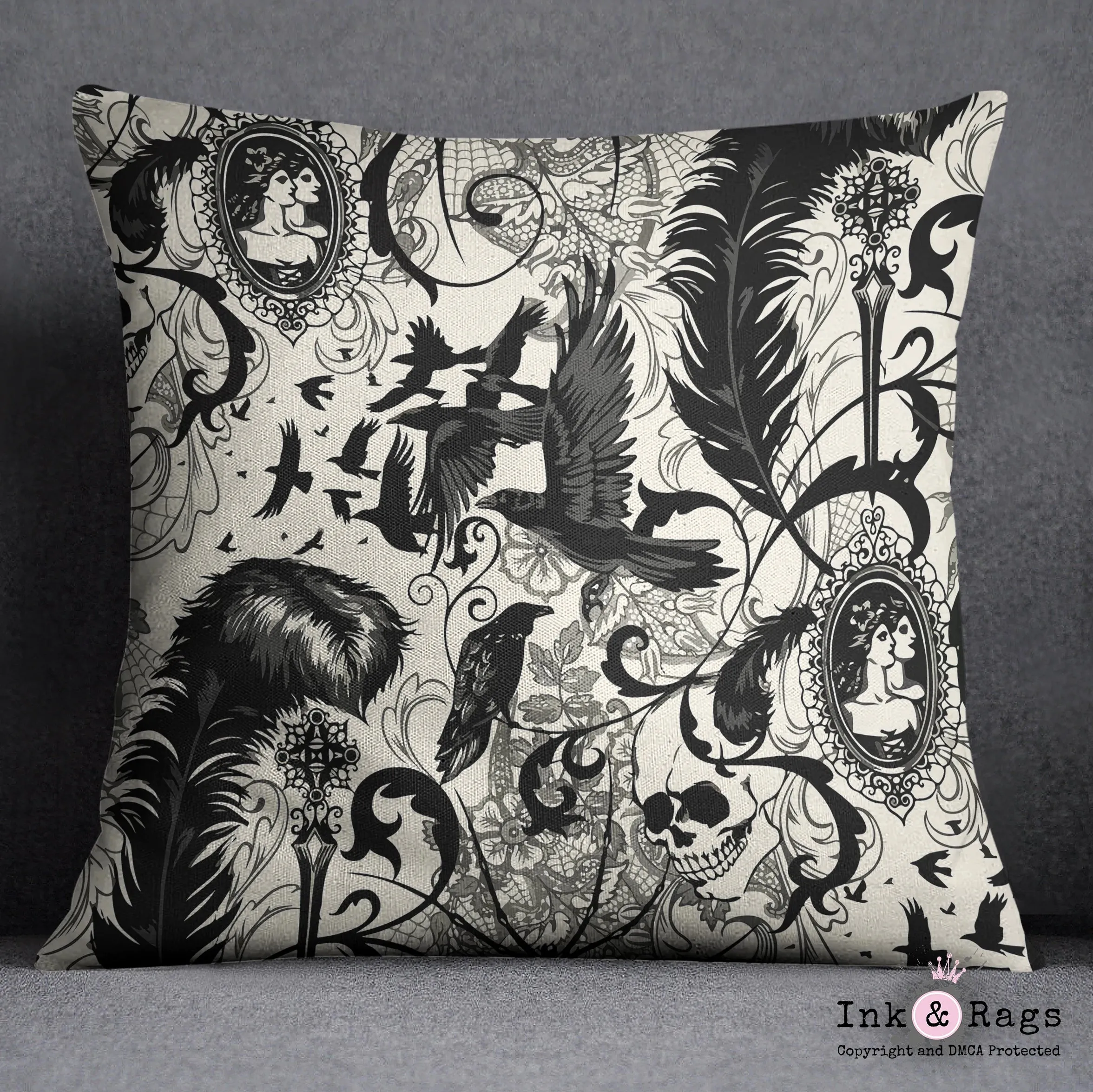 Baroque Raven Skull CREAM Throw Pillow