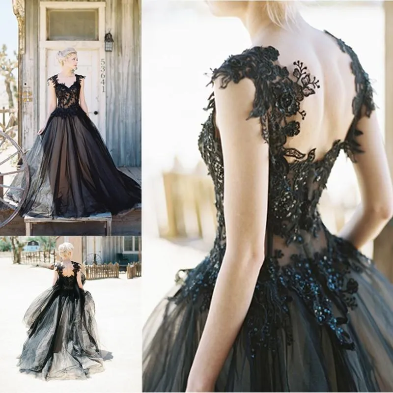 Black Wedding Dresses V-neck Appliques Ball Gown Open Back Bridal Gown JKW268