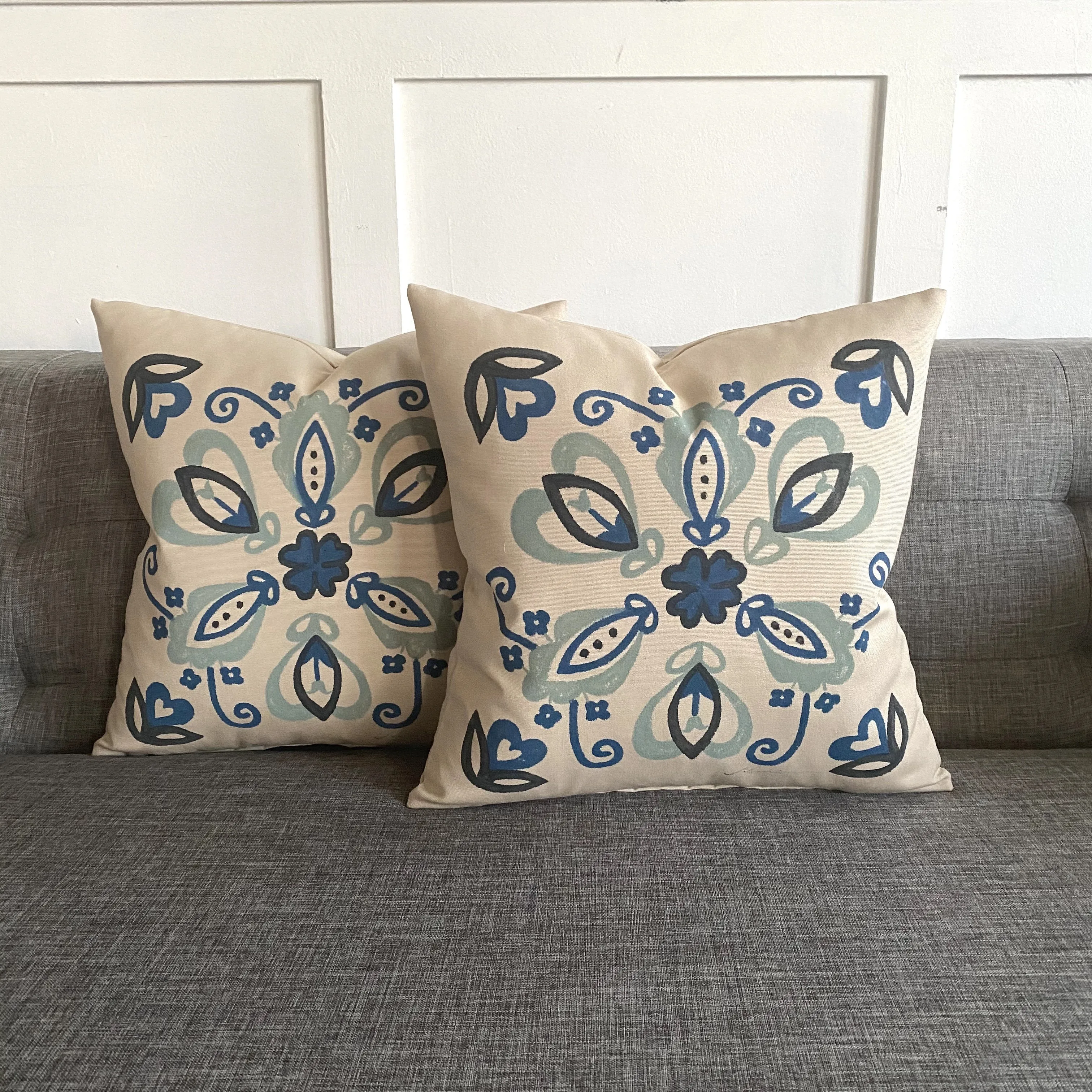 Blue Hand-Painted Floral Throw Pillow Cover 16x16