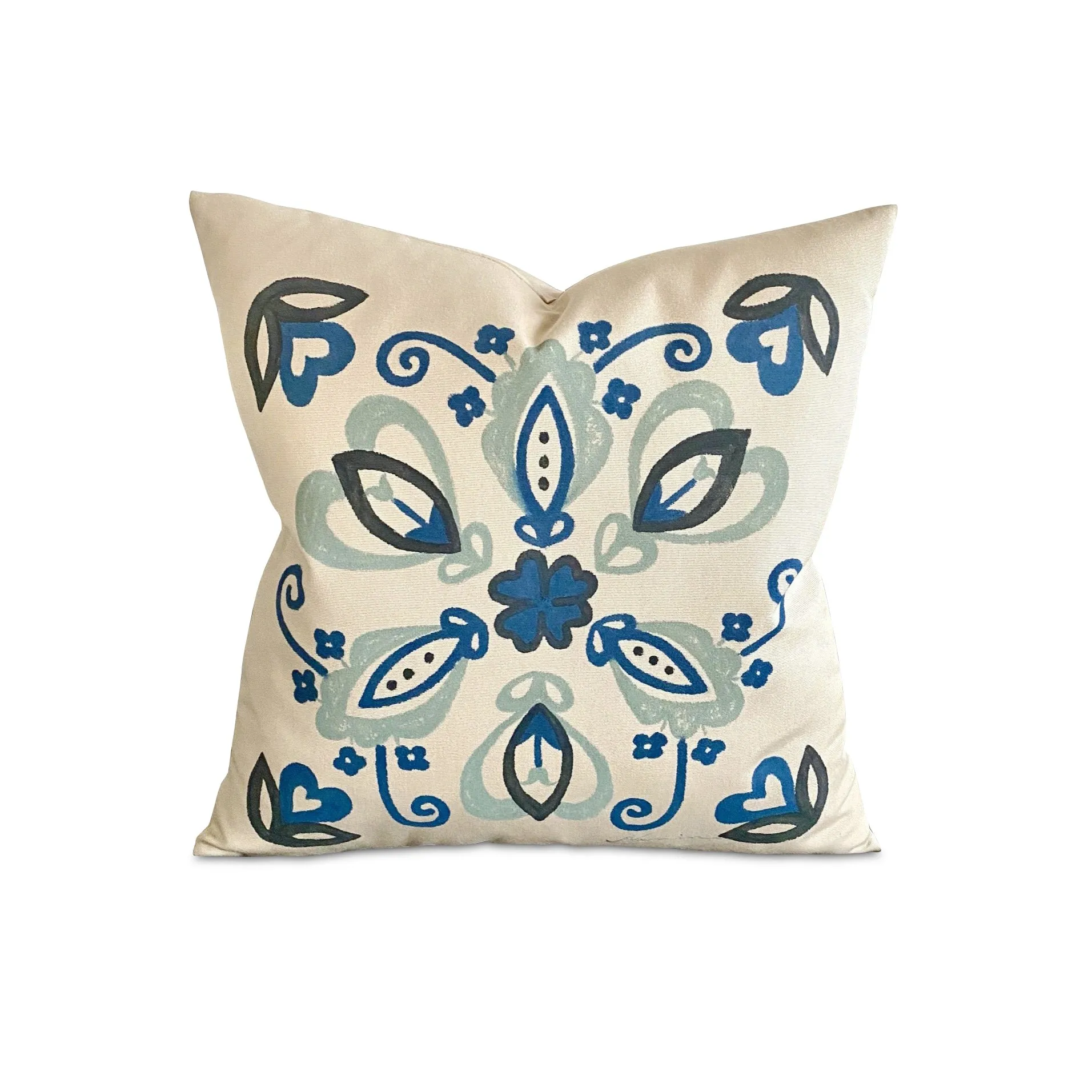 Blue Hand-Painted Floral Throw Pillow Cover 16x16