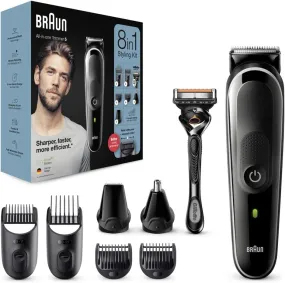 Braun 8-In-1 All-In-One Series 5, Male Grooming Kit With Beard Trimmer, Hair Clippers, Ear & Nose Trimmer & Gillette Razor, 6 Attachments, Gifts For Men, UK 2 Pin Plug, MGK5260, Black/Grey