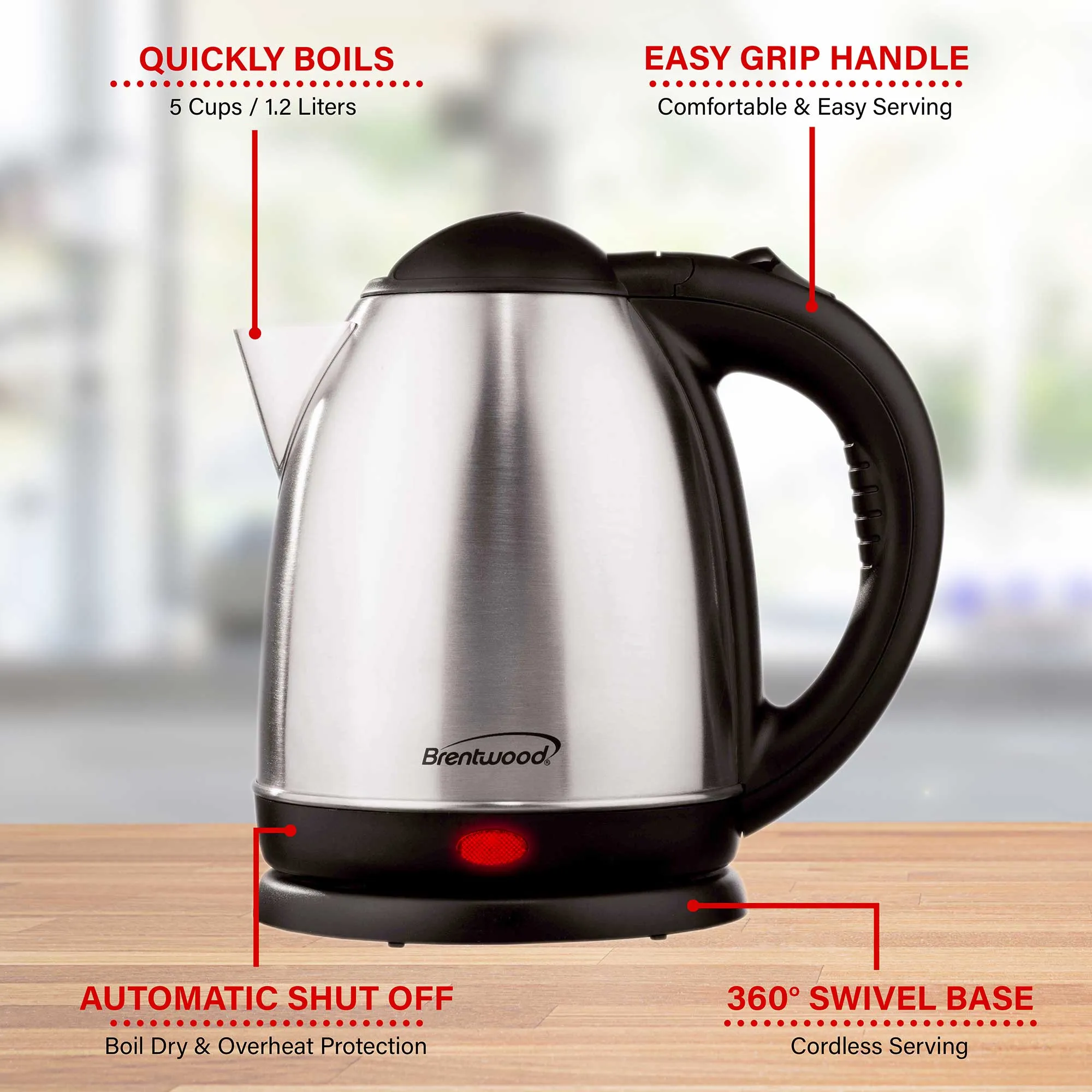 Brentwood KT-1770 1.2L Stainless Steel Cordless Electric Kettle