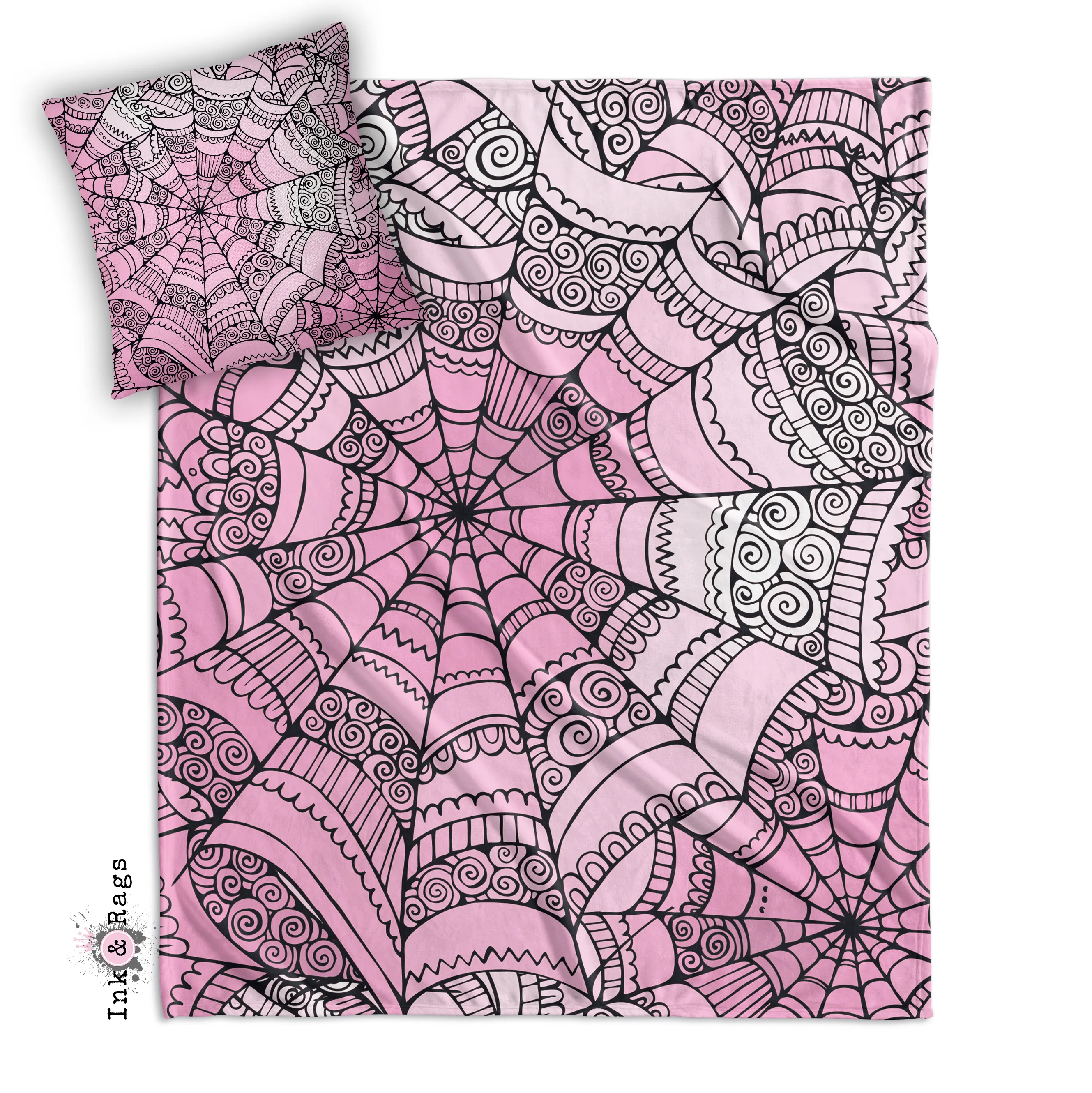 Bubble Gum Goth Spider Web Decorative Throw and Pillow Cover Set