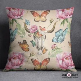 Bull Skull Peony Butterfly CREAM Throw Pillow