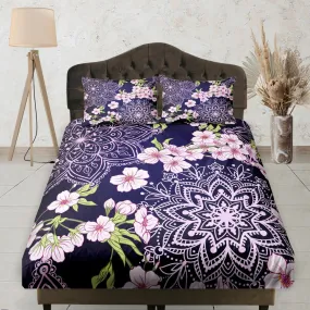 Cherry Blossoms Mandala Purple Bedsheet, Floral Prints, Boho Bedding Set, Elastic Bedsheet, Dorm Bedding, Crib Sheet, King, Queen, Double