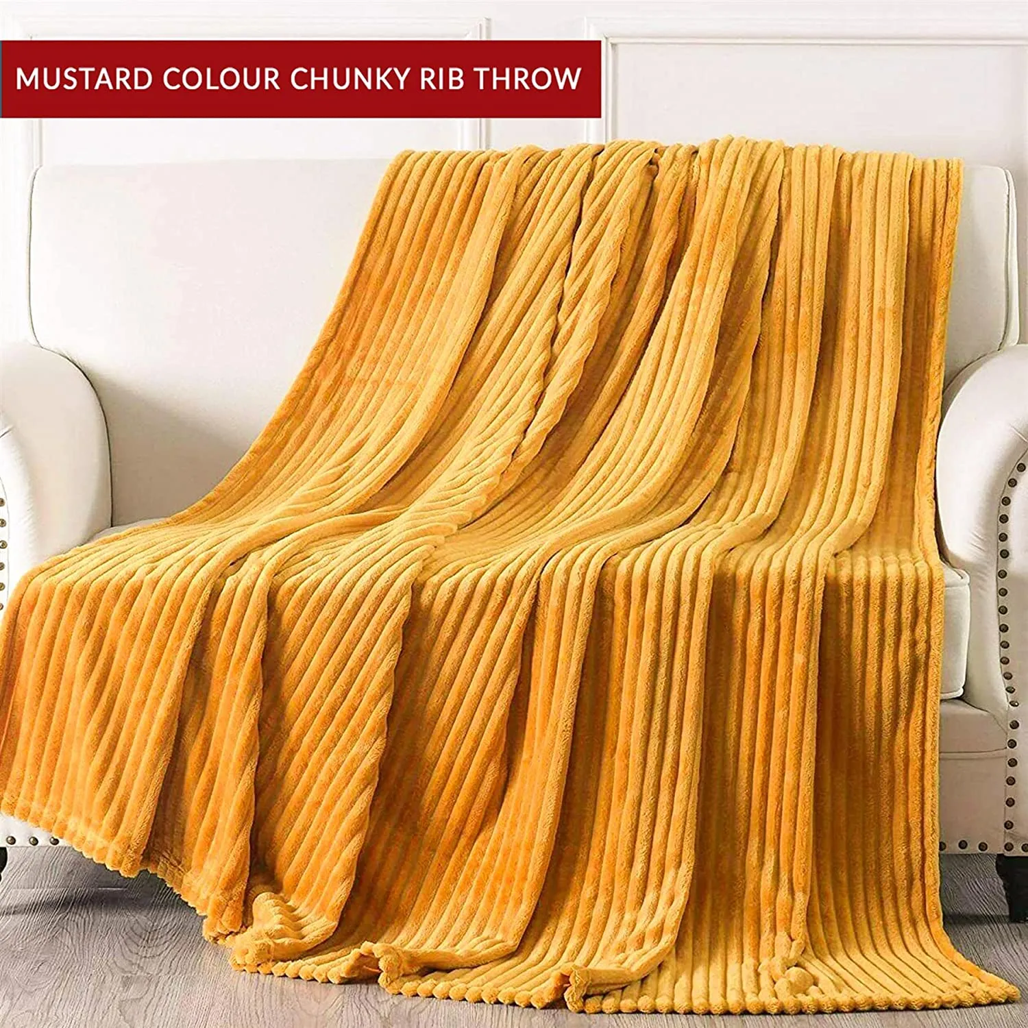 Chunky Ribbed Throw Blankets 150x200cm 100% Polyester - Cozy & Warm - Perfect Blankets for Bed, Sofa, Couch MUSTARD