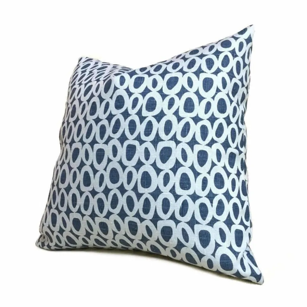 (CLEARANCE) Chambray Denim Blue "O" Geometric Dots Linen Pillow Cover