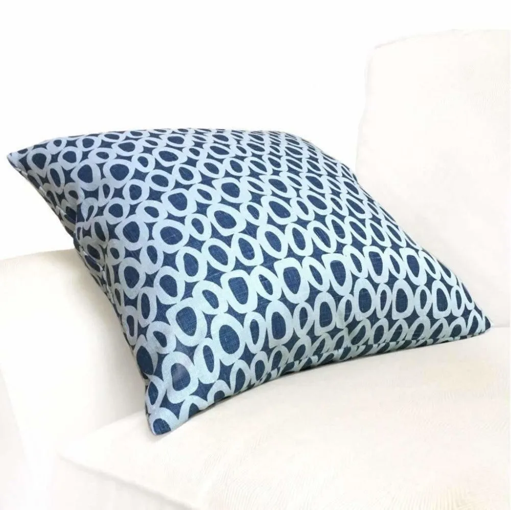 (CLEARANCE) Chambray Denim Blue "O" Geometric Dots Linen Pillow Cover