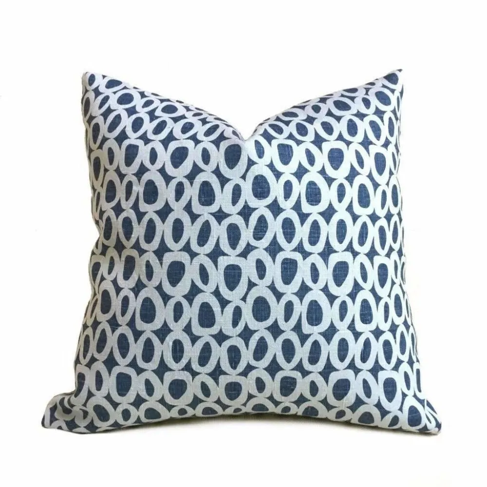 (CLEARANCE) Chambray Denim Blue "O" Geometric Dots Linen Pillow Cover