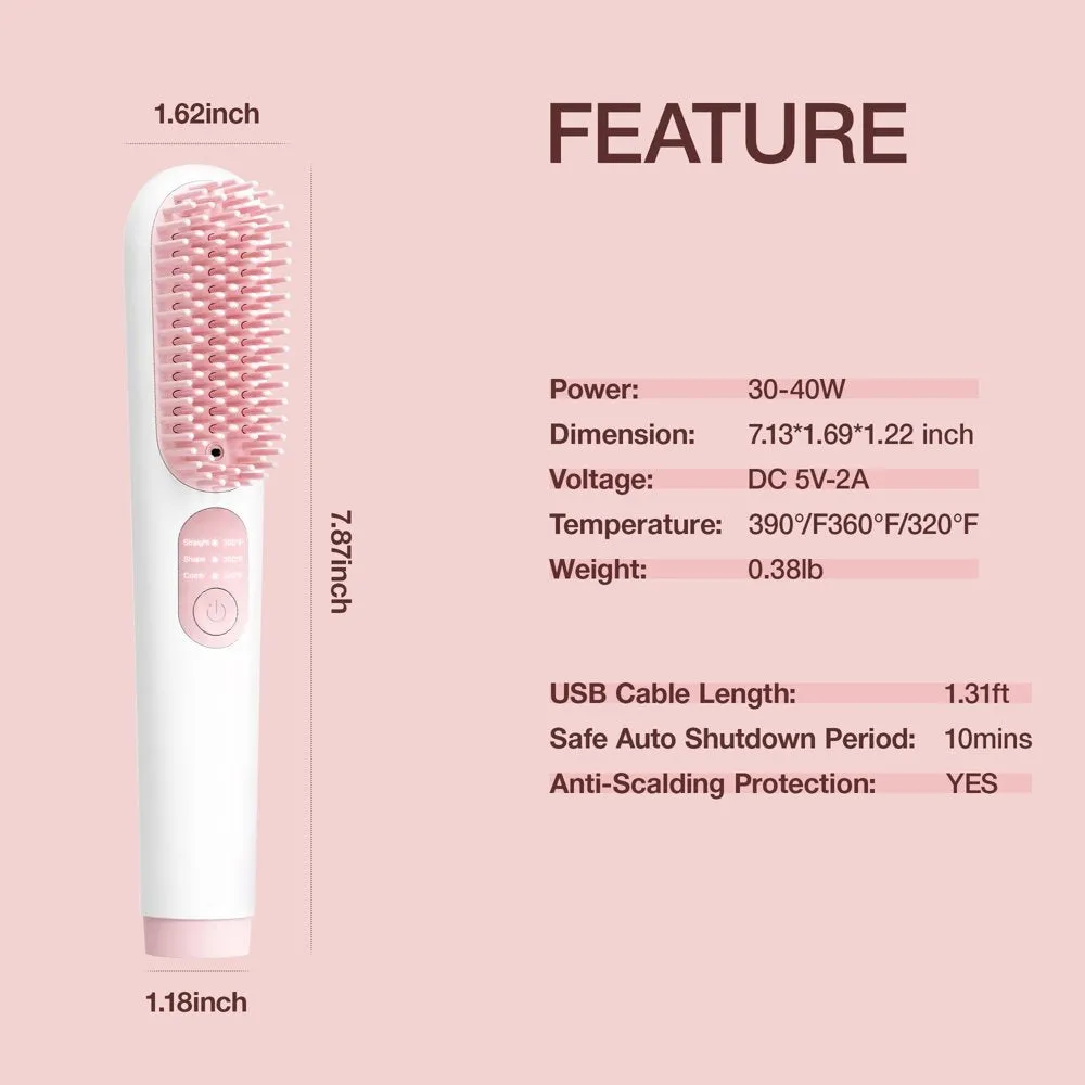 Cordless Hair Straightener Brush,  Portable Ionic Hot Straightening Comb for Travel, Pink