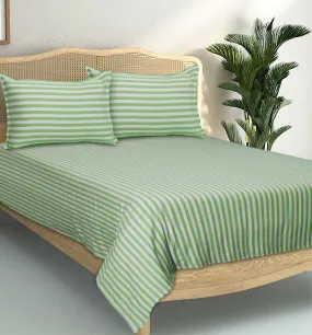 Cotton Striped Bedsheet with Pillow Covers (Green) - available sizes, Single, Double/Queen, King and Super King