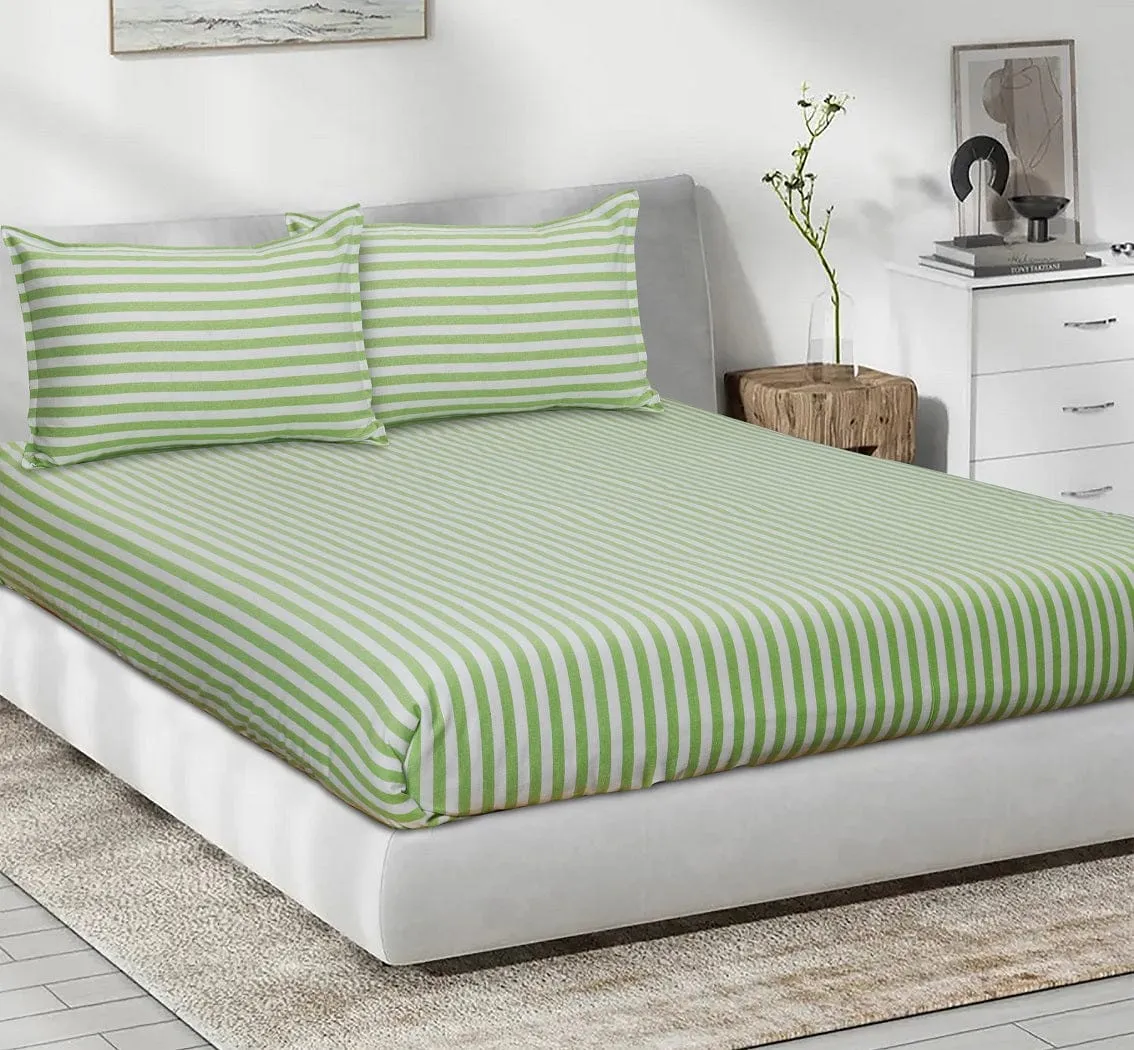 Cotton Striped Bedsheet with Pillow Covers (Green) - available sizes, Single, Double/Queen, King and Super King