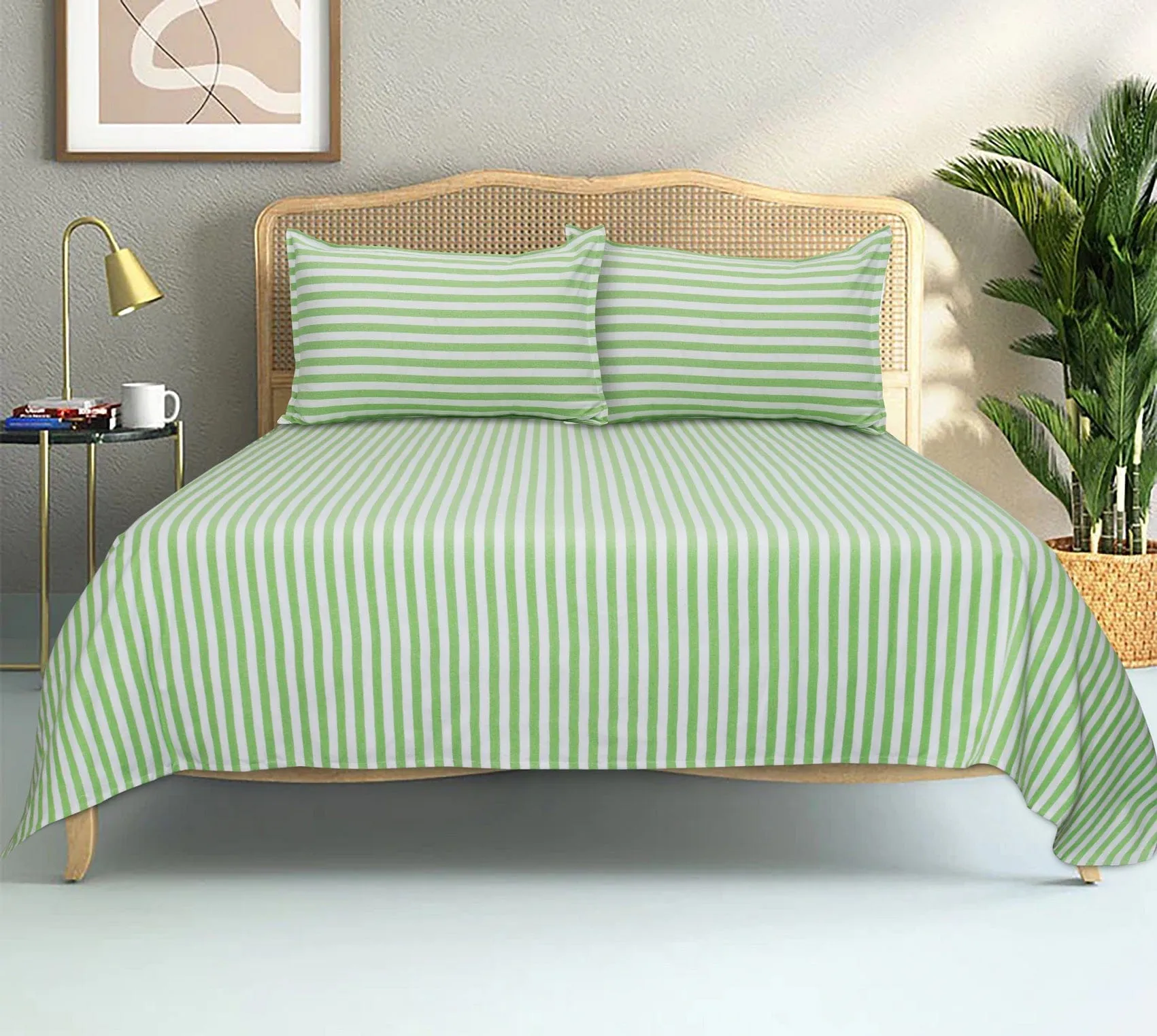 Cotton Striped Bedsheet with Pillow Covers (Green) - available sizes, Single, Double/Queen, King and Super King