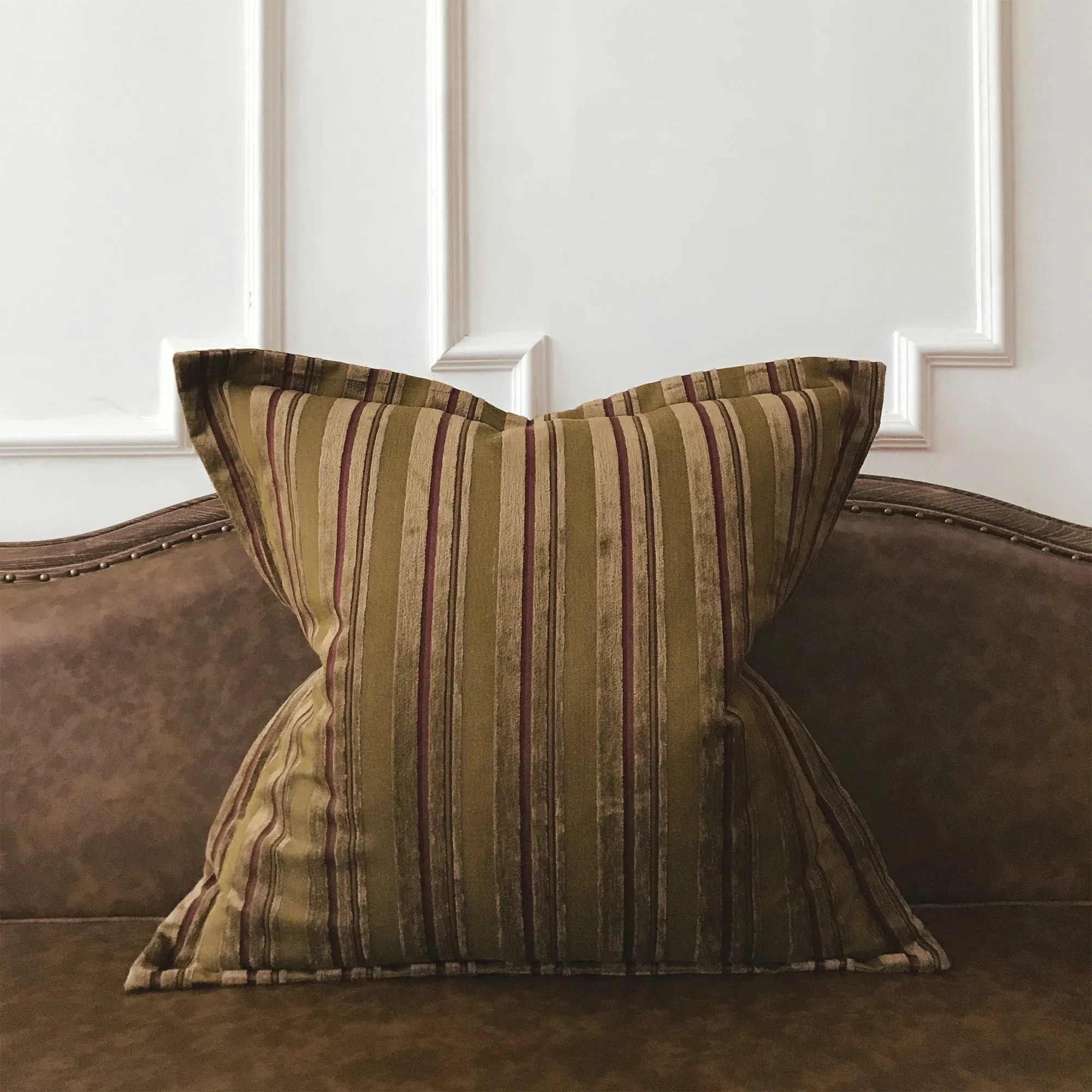 Earth Tone Velvet Textured Woven Striped Throw Pillow Cover 26x26