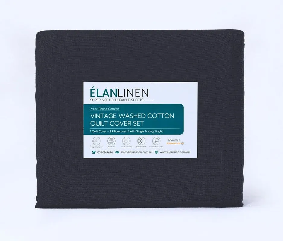 Elan Linen 100% Egyptian Cotton Vintage Washed 500TC Charcoal Double Bed Sheets Set