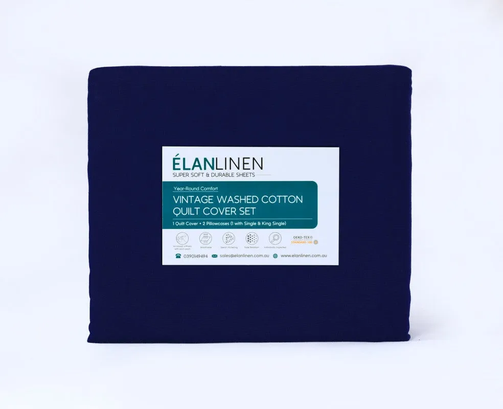 Elan Linen 100% Egyptian Cotton Vintage Washed 500TC Navy Blue 50 cm Deep Mega Queen Bed Sheets Set