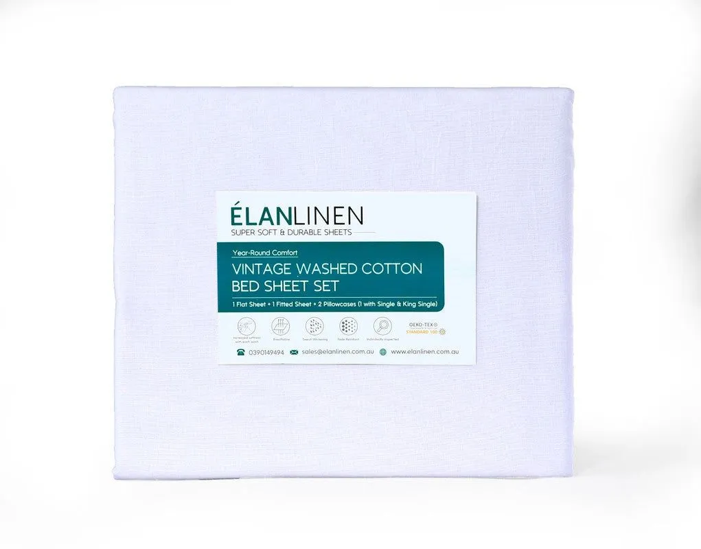 Elan Linen 100% Egyptian Cotton Vintage Washed 500TC White Double Bed Sheets Set