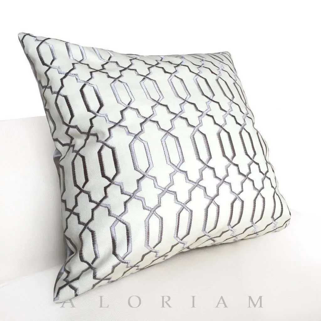 Elysa Gray & Cream Embroidered Lattice Fretwork Pillow Cushion Cover