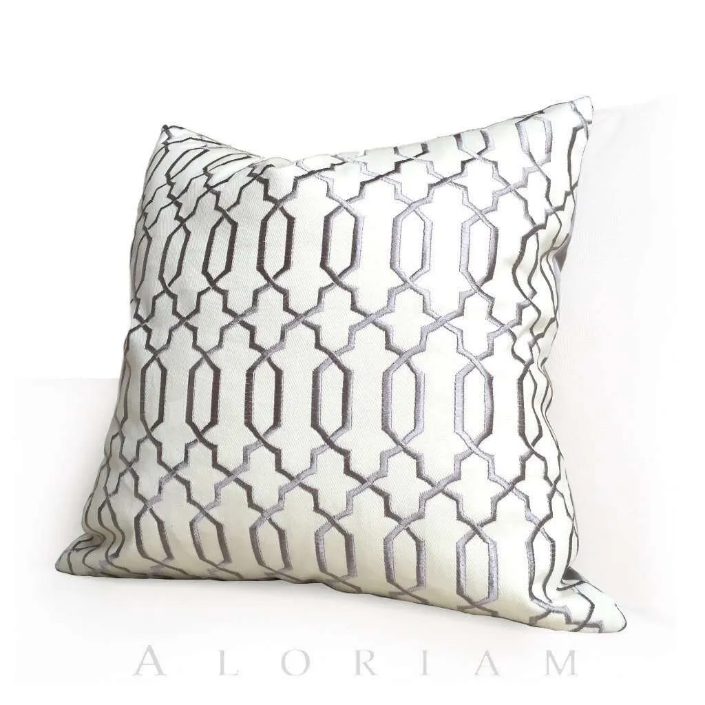 Elysa Gray & Cream Embroidered Lattice Fretwork Pillow Cushion Cover