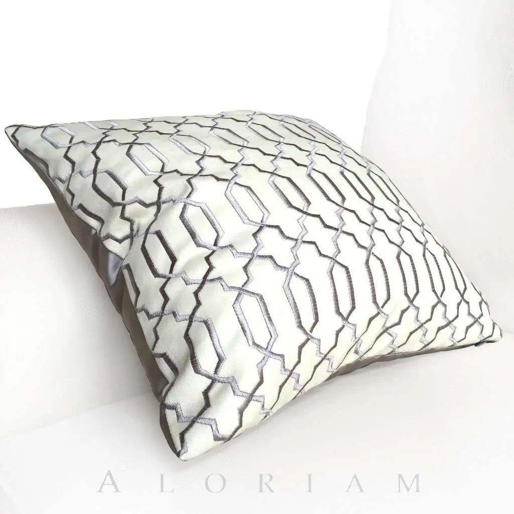 Elysa Gray & Cream Embroidered Lattice Fretwork Pillow Cushion Cover