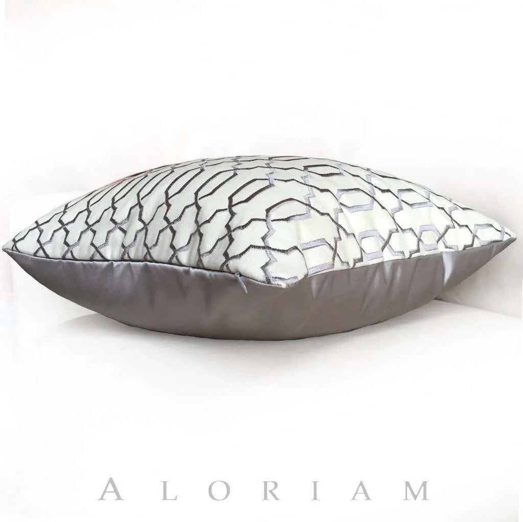 Elysa Gray & Cream Embroidered Lattice Fretwork Pillow Cushion Cover