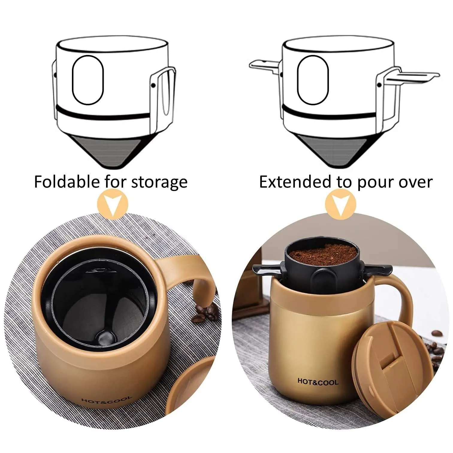 Filter Coffee Maker Double Mesh Pour Over Coffee Filter Food Grade Stainless Steel & Plastic Coffee Dripper 100% Paperless Maker Foldable to Fit Most Cup Keep Coffee Flavour Easy to Use and Clean