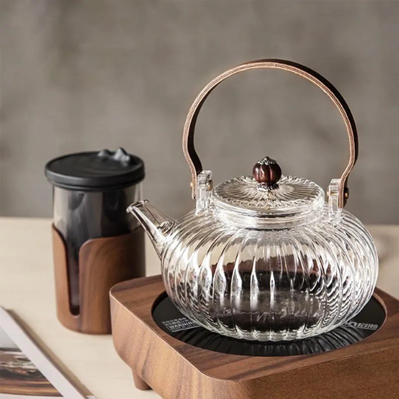 Glass Teapot With Removable Filter Wood Handle Borosilicate Tea Pot