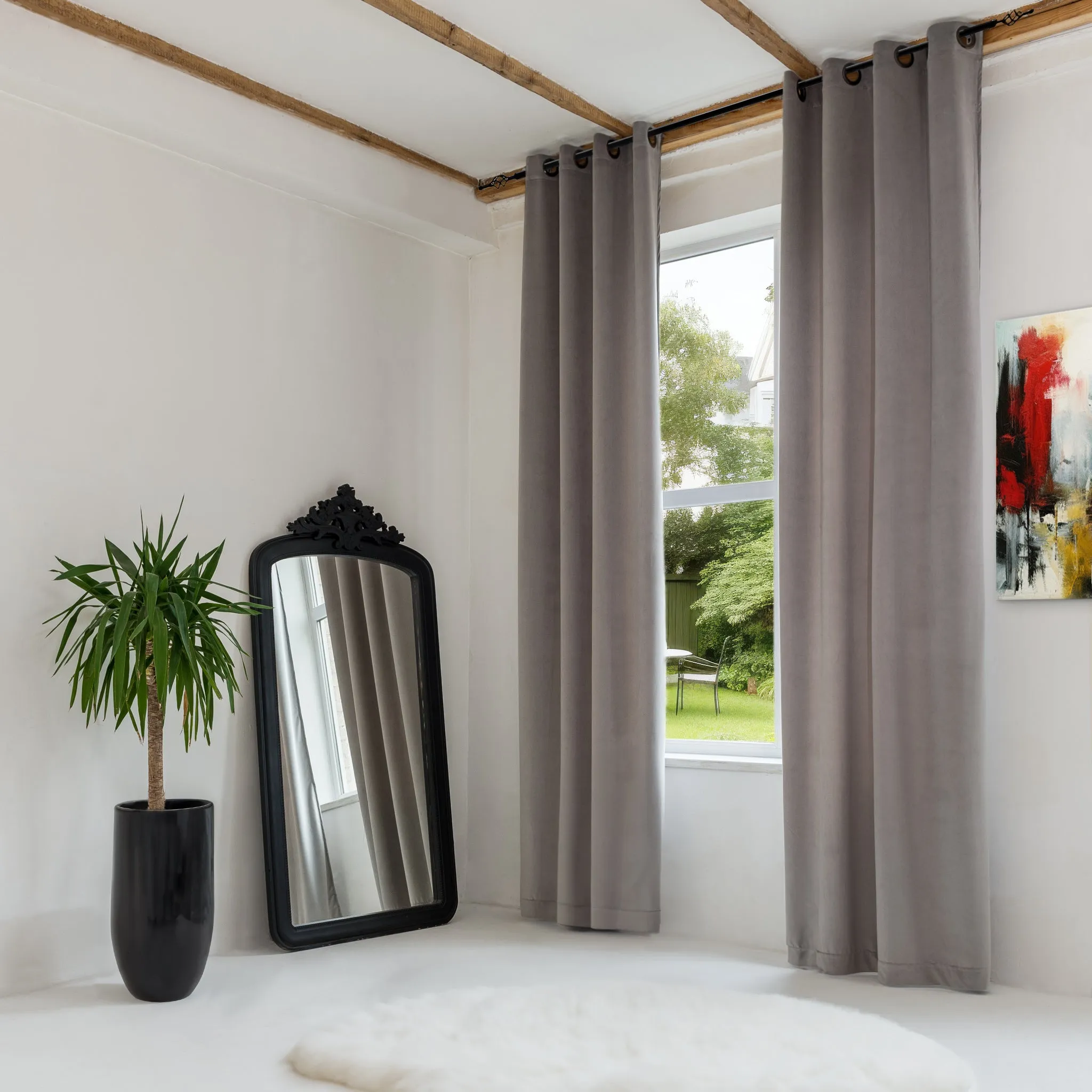 Grey Velvet Grommet Curtain with Blackout Lining - Custom Sizes and Colors