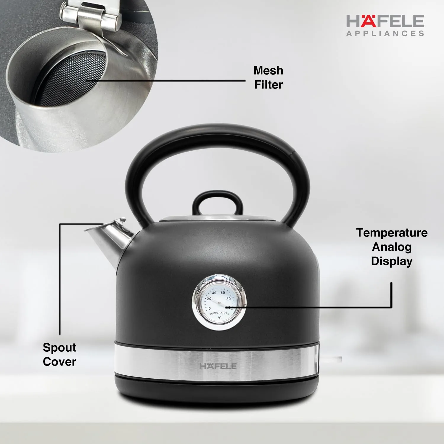 Hafele Dome Plus 2200W, 240V Electric Stainless Steel Kettle with Spout Cover with Analogue Temperature Display, Detachable Micro-Mesh Filter for Lime Scale Filtering, Easy Cleaning (1.7 L, Grey) "