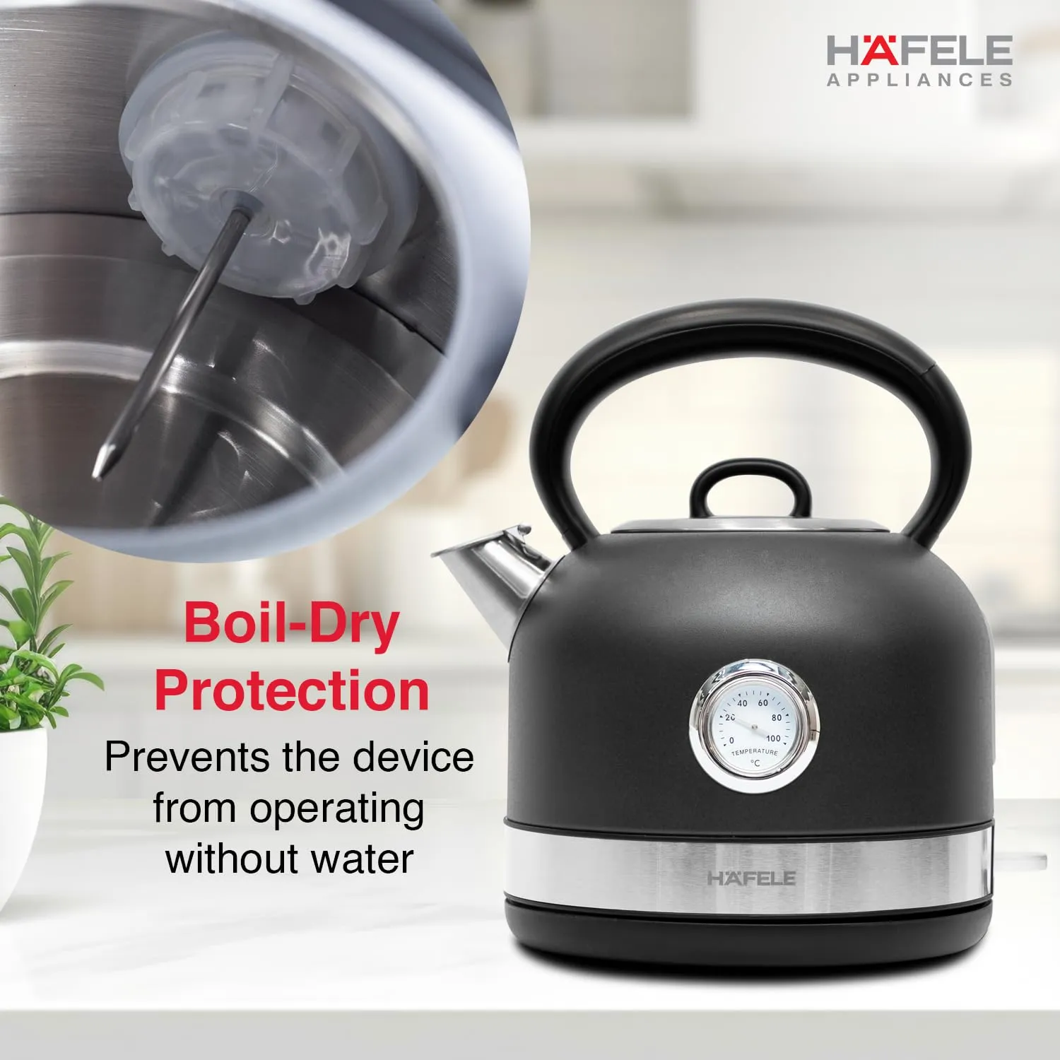 Hafele Dome Plus 2200W, 240V Electric Stainless Steel Kettle with Spout Cover with Analogue Temperature Display, Detachable Micro-Mesh Filter for Lime Scale Filtering, Easy Cleaning (1.7 L, Grey) "