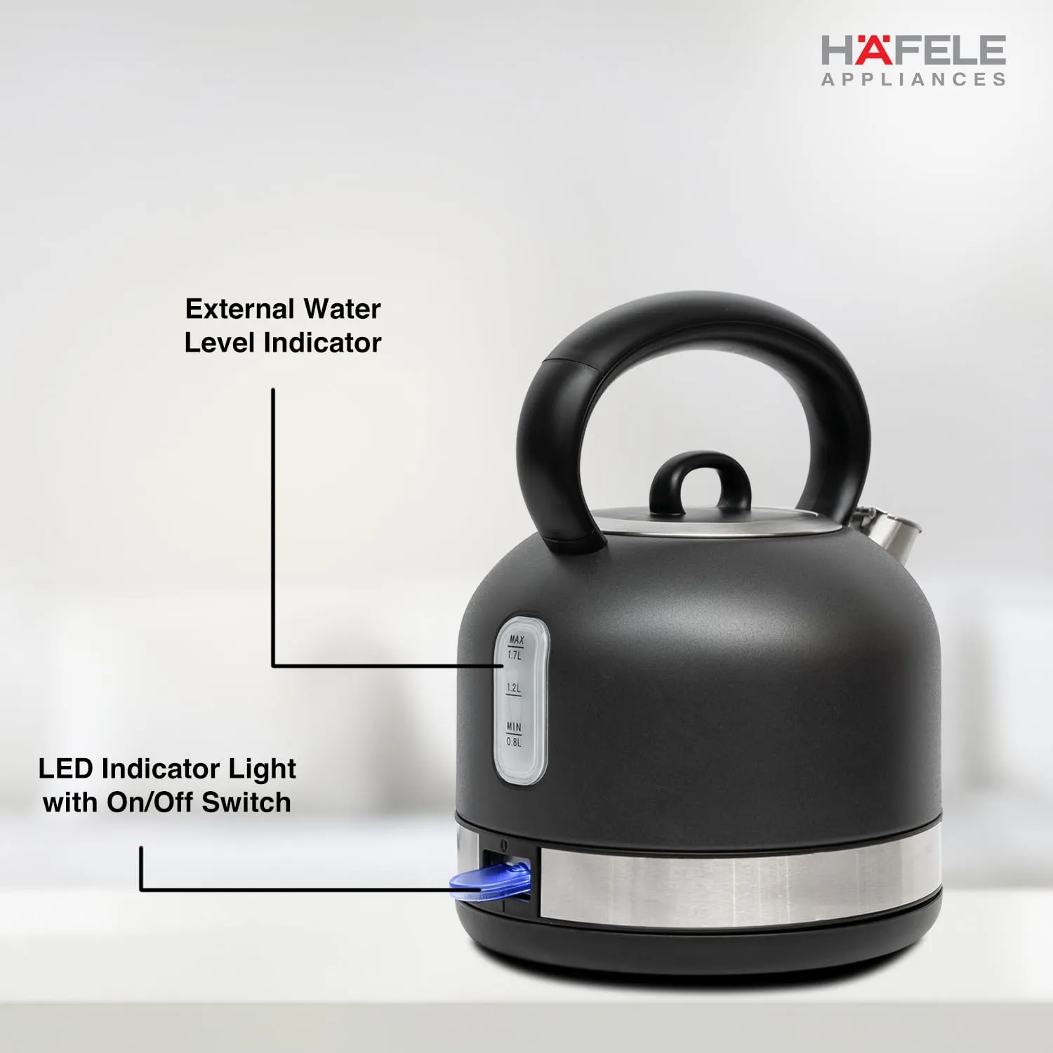 Hafele Dome Plus 2200W, 240V Electric Stainless Steel Kettle with Spout Cover with Analogue Temperature Display, Detachable Micro-Mesh Filter for Lime Scale Filtering, Easy Cleaning (1.7 L, Grey) "