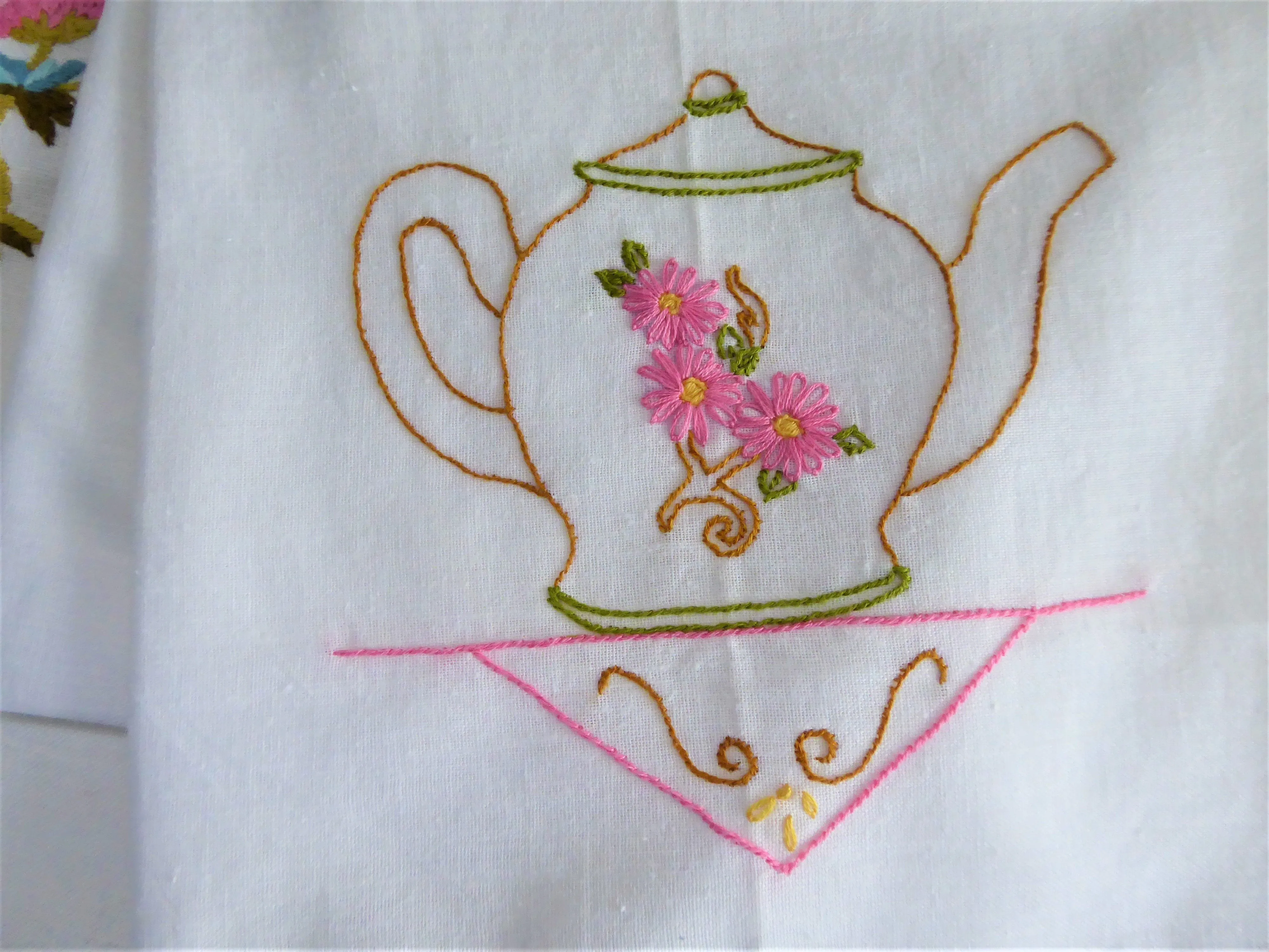 Hand Embroidered Teapot Tea Towel Polka Dots Silver Cloth Dish Towel USA  Artisan