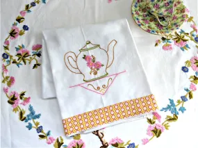 Hand Embroidered Teapot Tea Towel Polka Dots Silver Cloth Dish Towel USA  Artisan