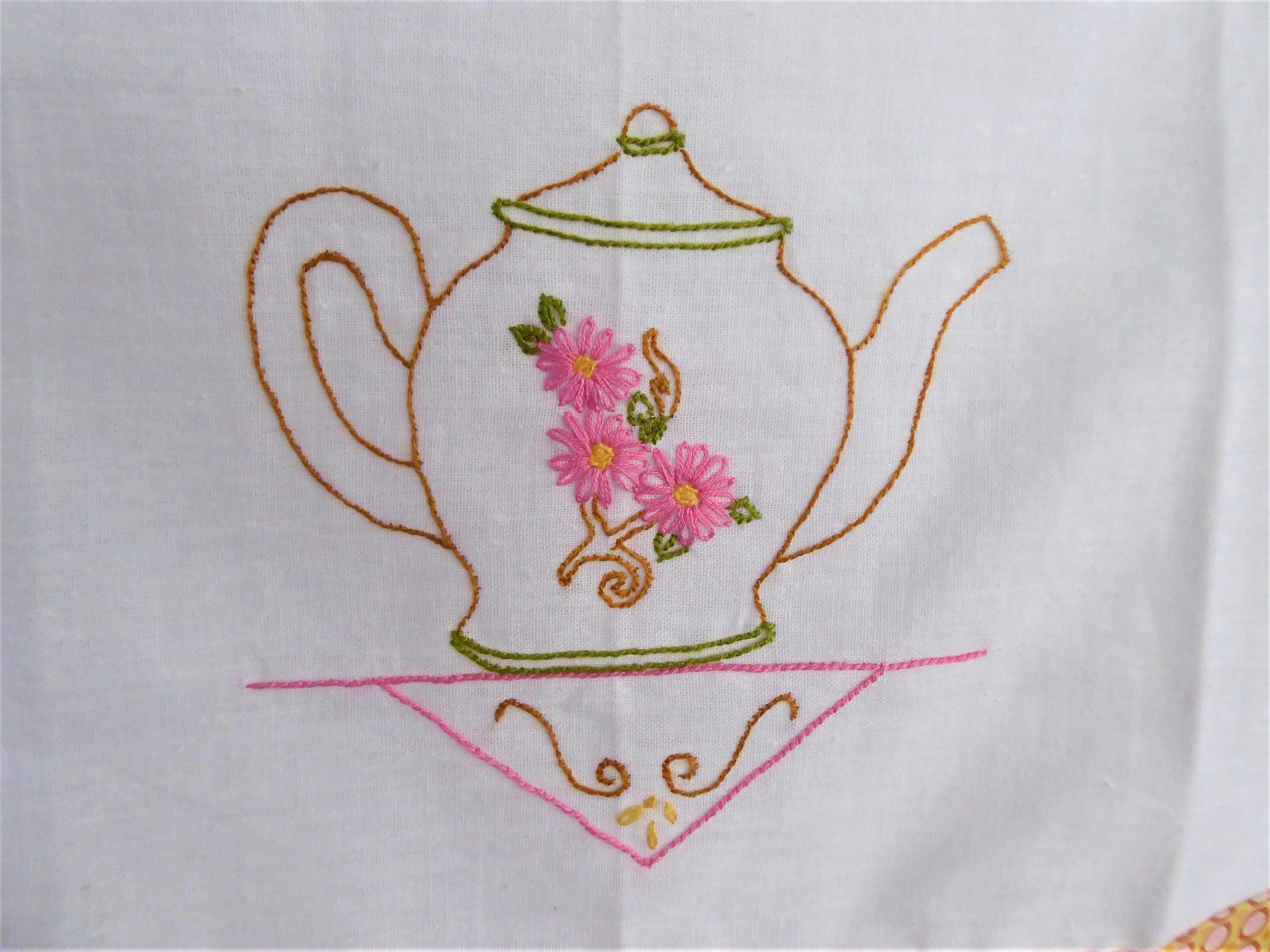 Hand Embroidered Teapot Tea Towel Polka Dots Silver Cloth Dish Towel USA  Artisan