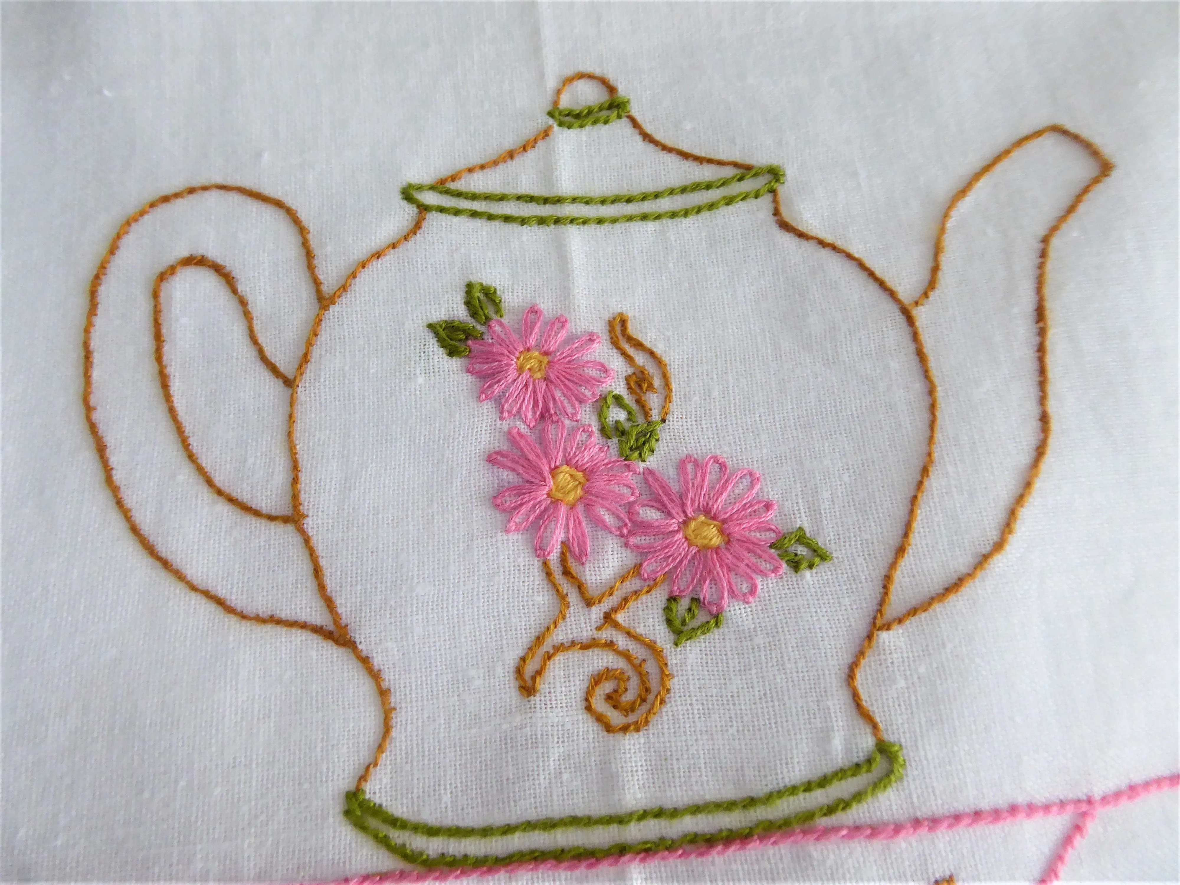 Hand Embroidered Teapot Tea Towel Polka Dots Silver Cloth Dish Towel USA  Artisan