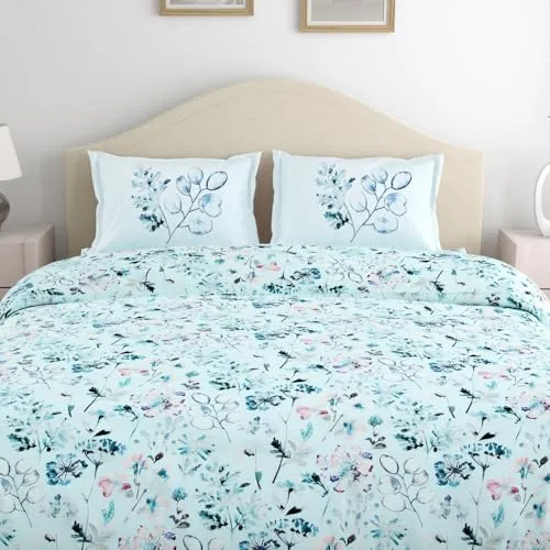 haus & kinder 100% Cotton Bed Sheet for King Size Bed, 1 King Size Bedsheet Cotton (108 X 108 Inches) with 2 Pillow Covers | 186 TC Bedsheet for Double Bed King Size | Light Blue Floral