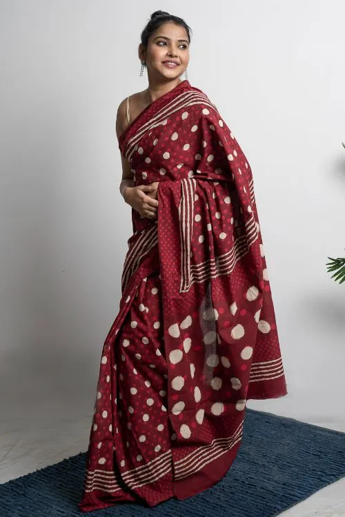 ICH Cotton Appeal. Dabu Hand Block Printed Mul Cotton Saree- Red Polka