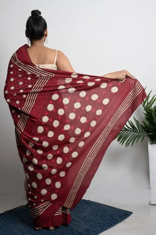 ICH Cotton Appeal. Dabu Hand Block Printed Mul Cotton Saree- Red Polka