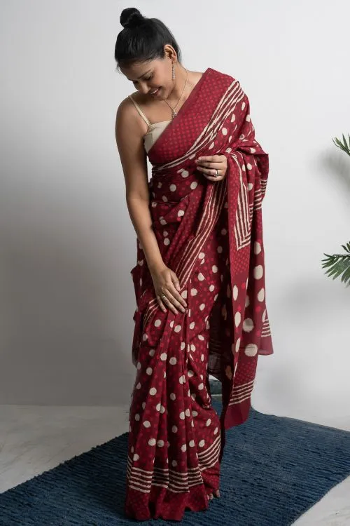 ICH Cotton Appeal. Dabu Hand Block Printed Mul Cotton Saree- Red Polka