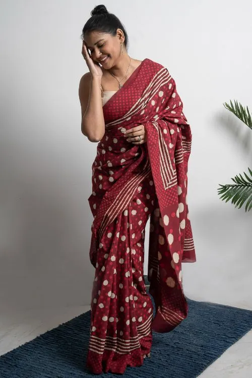 ICH Cotton Appeal. Dabu Hand Block Printed Mul Cotton Saree- Red Polka